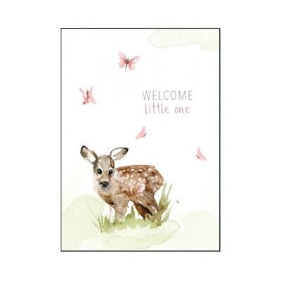 Newborn baby card 'welcome little one' with fawn