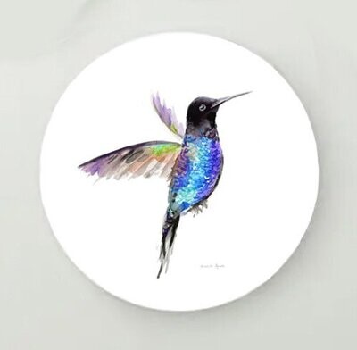 Circular print with bright blue and black hummingbird