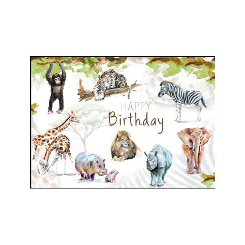 Happy birthday card with African animal illustrations