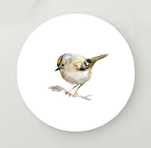 Wallcircle with goldcrest bird watercolor painting by Michelle Dujardin