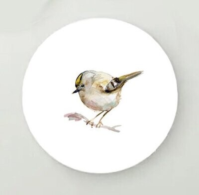Wallcircle with goldcrest bird watercolor painting by Michelle Dujardin
