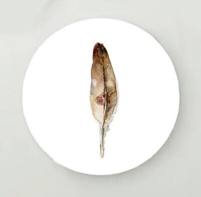 Circular print with brown feather watercolor painting by Michelle Dujardin