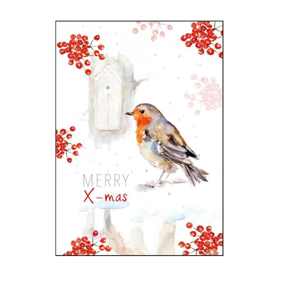 Christmas card with red robin watercolor illustration