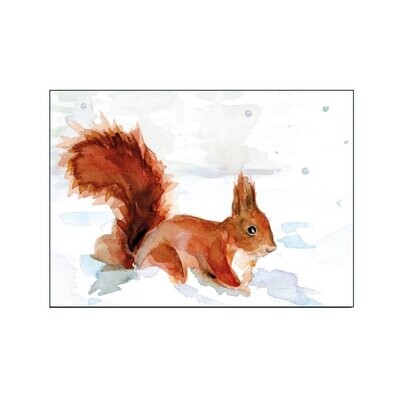 Winter greeting card with red brown squirrel watercolor illustration by Michelle Dujardin