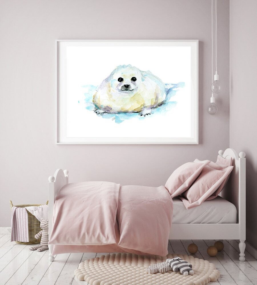 White fluffy seal baby watercolor painting art print