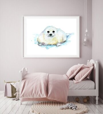 White fluffy seal baby watercolor painting art print
