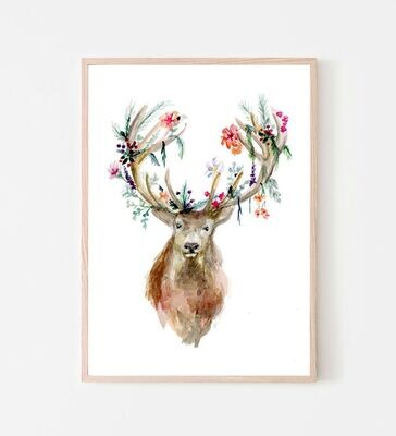 Deer with flowers in antlers watercolor painting