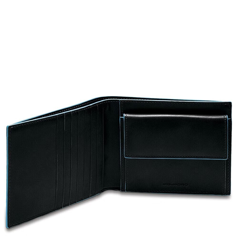 Piquadro.
Portafoglio uomo con portamonete e protezione anti-frode RFID Blue Square.
Colore: Nero.