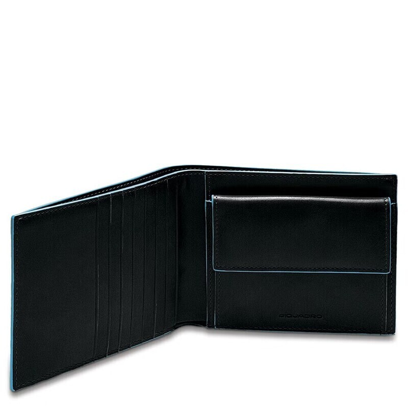 Piquadro.
Portafoglio uomo con portamonete e protezione anti-frode RFID Blue Square.
Colore: Nero.
