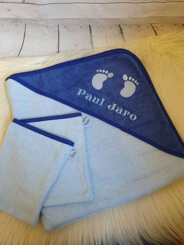 Personalisiertes Kapuzenhandtuch + 2 Waschlappen Walk-Frottier 100x100cm