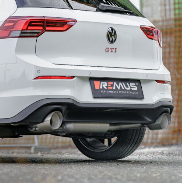 Remus GPF-back-system dual L/R: Sport exhaust centered, Original tube Ø 65 mm - REMUS tube Ø 70 mm, incl. (EEC-) approval - VW Golf 8 GTI
