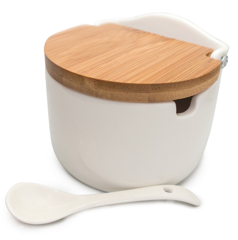 zoutpot + lepel porselein+hout vin bouquet