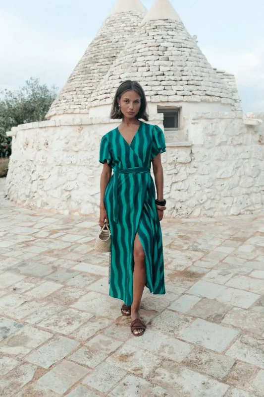 Ava Striped Wrap Dress | Green