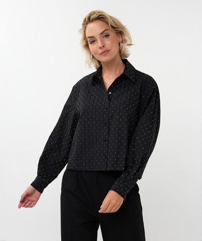 W25.08714 | Blouse Rhinestones Striped | Black