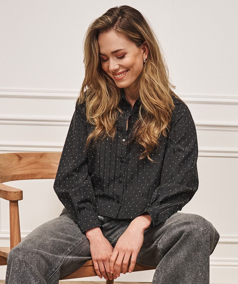 W25.08714 | Blouse Rhinestones Striped | Black