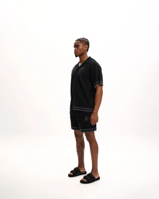 Knitted Camp Collar Shirt | Black Beige | MM2-SS25-31 Knitted Camp Collar Shirt | Black Beige | MM2-SS25-31