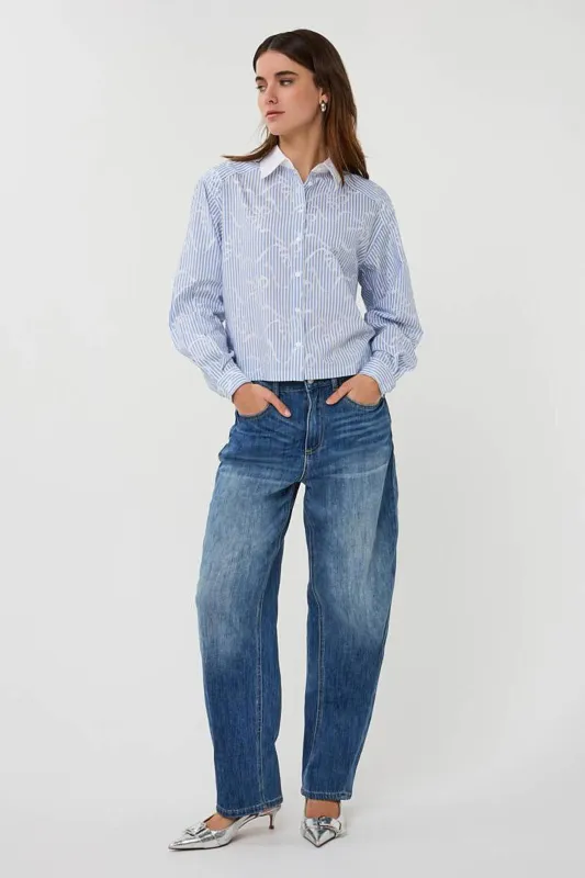 SP26.14026 | Blouse Short Striped Bows | White/Blue