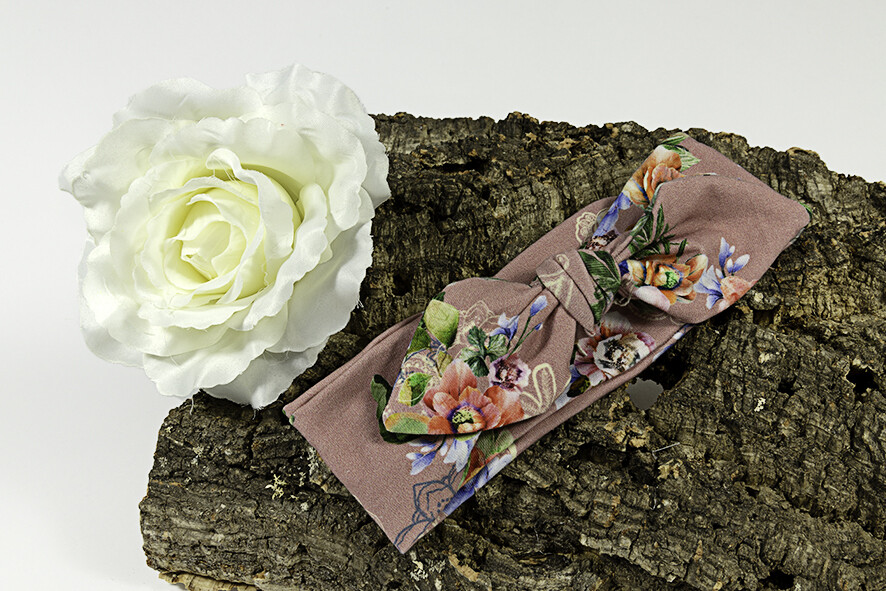 Haarband tricot - handgemaakt - oudroze/bloem - 2j
