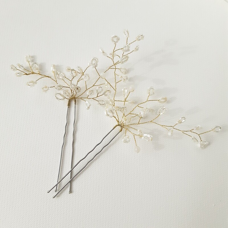 Haarpins - set van 2 pins met goud gecoate draad en fijne rocailles