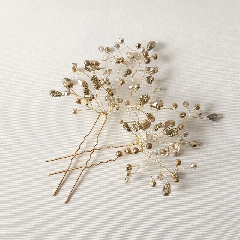 Haarpins - set van 2 pins met brons kleurige parels