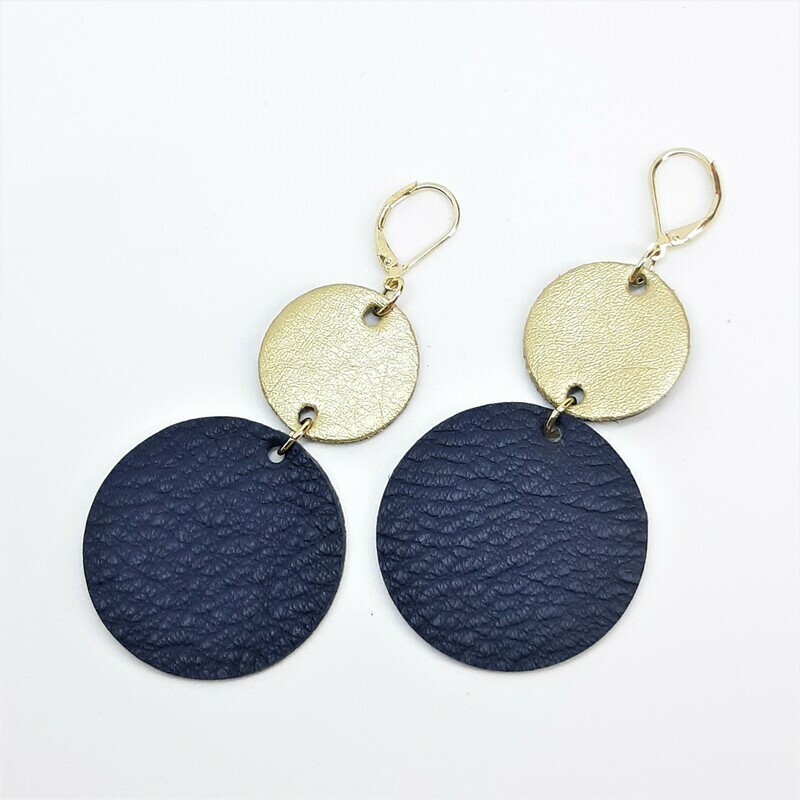 Statement oorbellen duo color - blauw &amp; goud leder