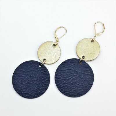 Statement oorbellen duo color - blauw & goud leder