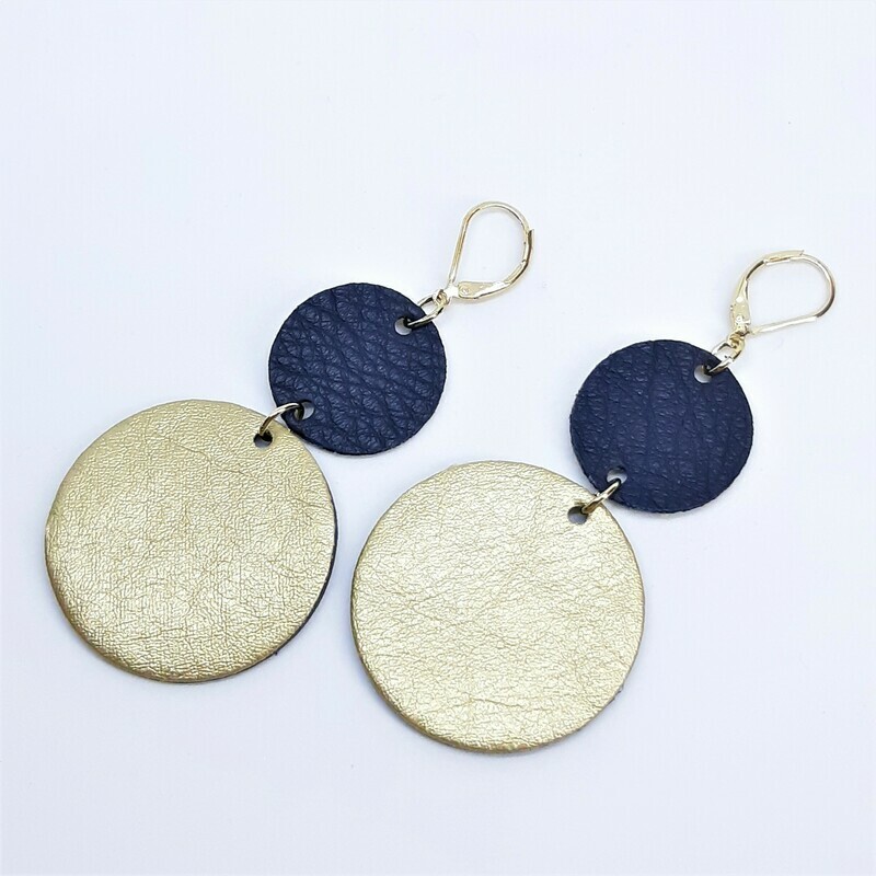 Statement oorbellen duo color - blauw & goud leder