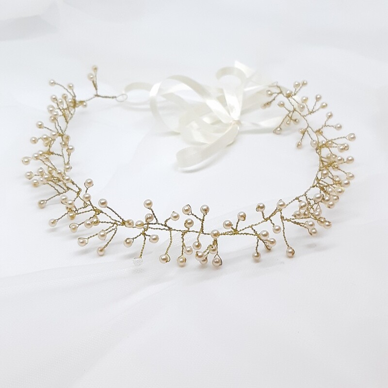 Bruidsaccessoire - kroon met kleine parels en gouddraad