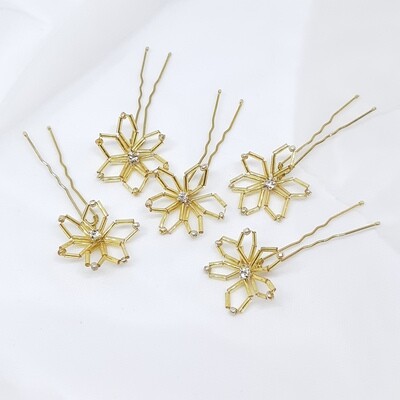 Haarpins - set van 5 spelden gouden staafjes  bloemen en strass