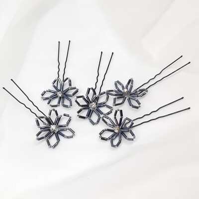 Haarpins - set van 5 spelden antraciet staafjes  bloemen en strass