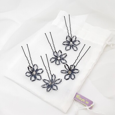 Haarpins - set van 5 spelden antraciet staafjes  bloemen en strass