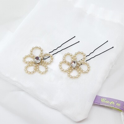Haarpins - set van 2 pins - bloem in parels en strass