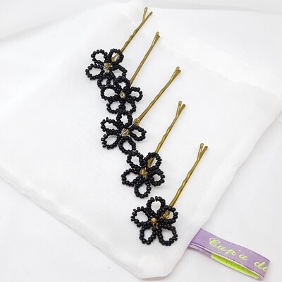Bobby pins - set van 5 kleine bloemetjes, zwart bruin met gouden hart