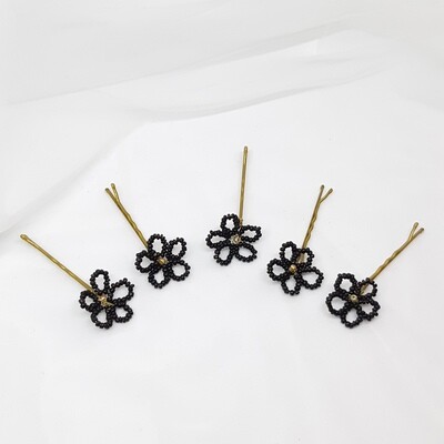 Bobby pins - set van 5 kleine bloemetjes, zwart bruin met gouden hart