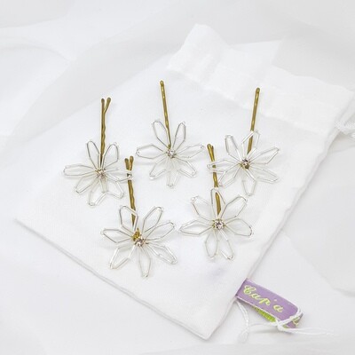 Bobby pins - set van 5 spelden witte staafjes  bloemen en strass