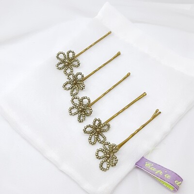 Bobby pins - set van 5 kleine bronzen bloemetjes