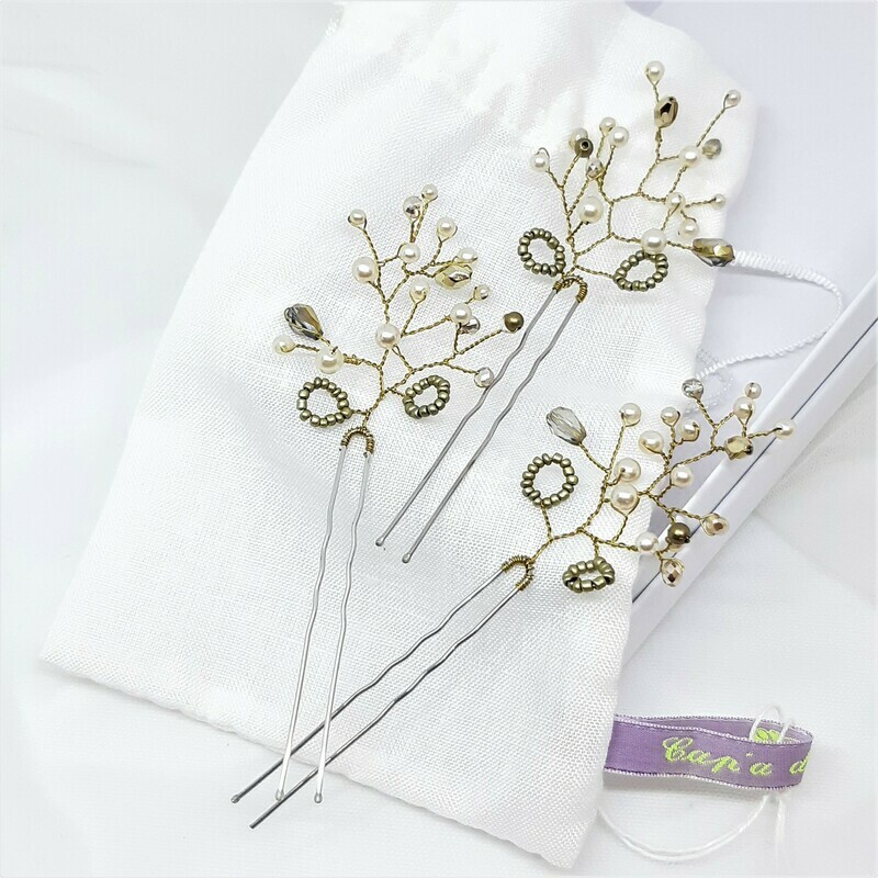 Haarpins - set van 3 pins met brons kleurige parels