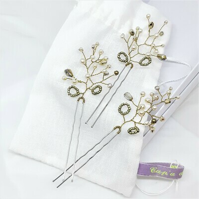 Haarpins - set van 3 pins met brons kleurige parels