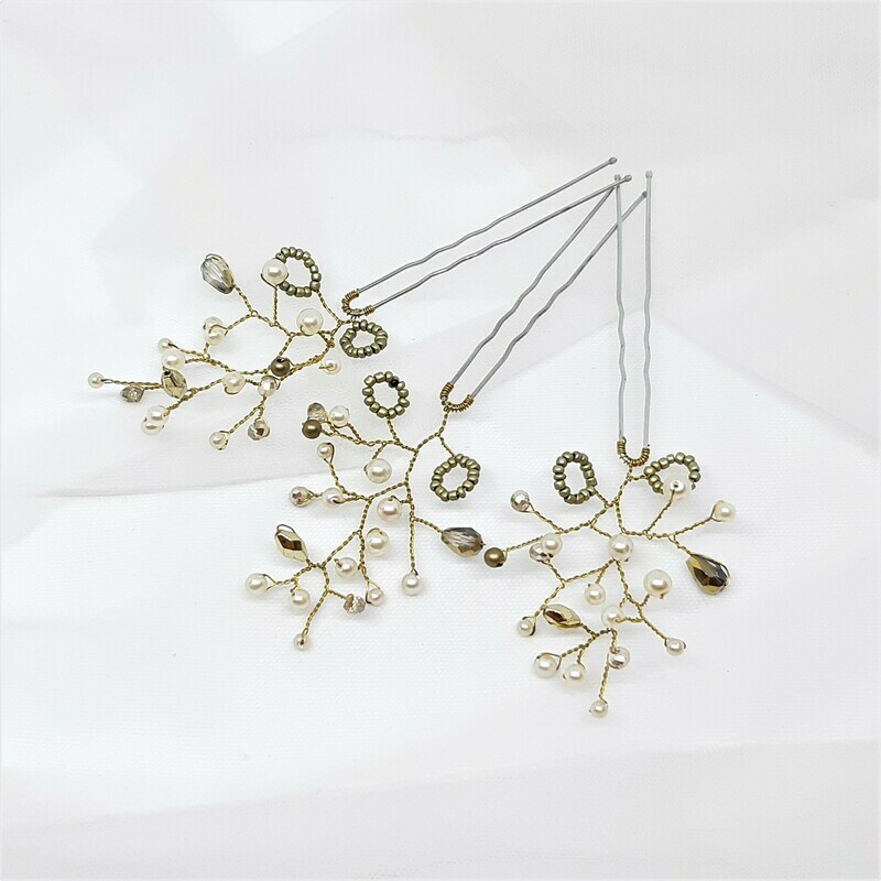 Haarpins - set van 3 pins met brons kleurige parels