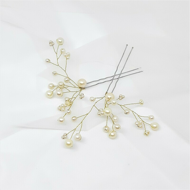 Haarpins - set van 2  pins met goud draad en parels