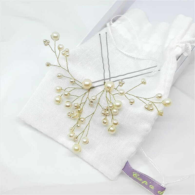 Haarpins - set van 2  pins met goud draad en parels