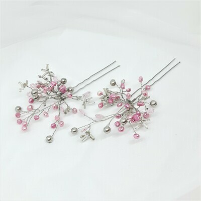 Haarpins - set van 2 pins met roze parels en zilverdraad