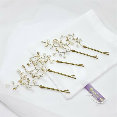 Bobby pins - set van 5 spelden met parels en gouddraad