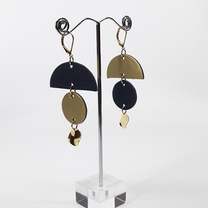 Statement oorbellen in duo color fantasie - blauw &amp; goud leder