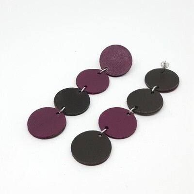 Statement oorbellen asymmetrisch - aubergine &amp; zwart leder - L: 10cm