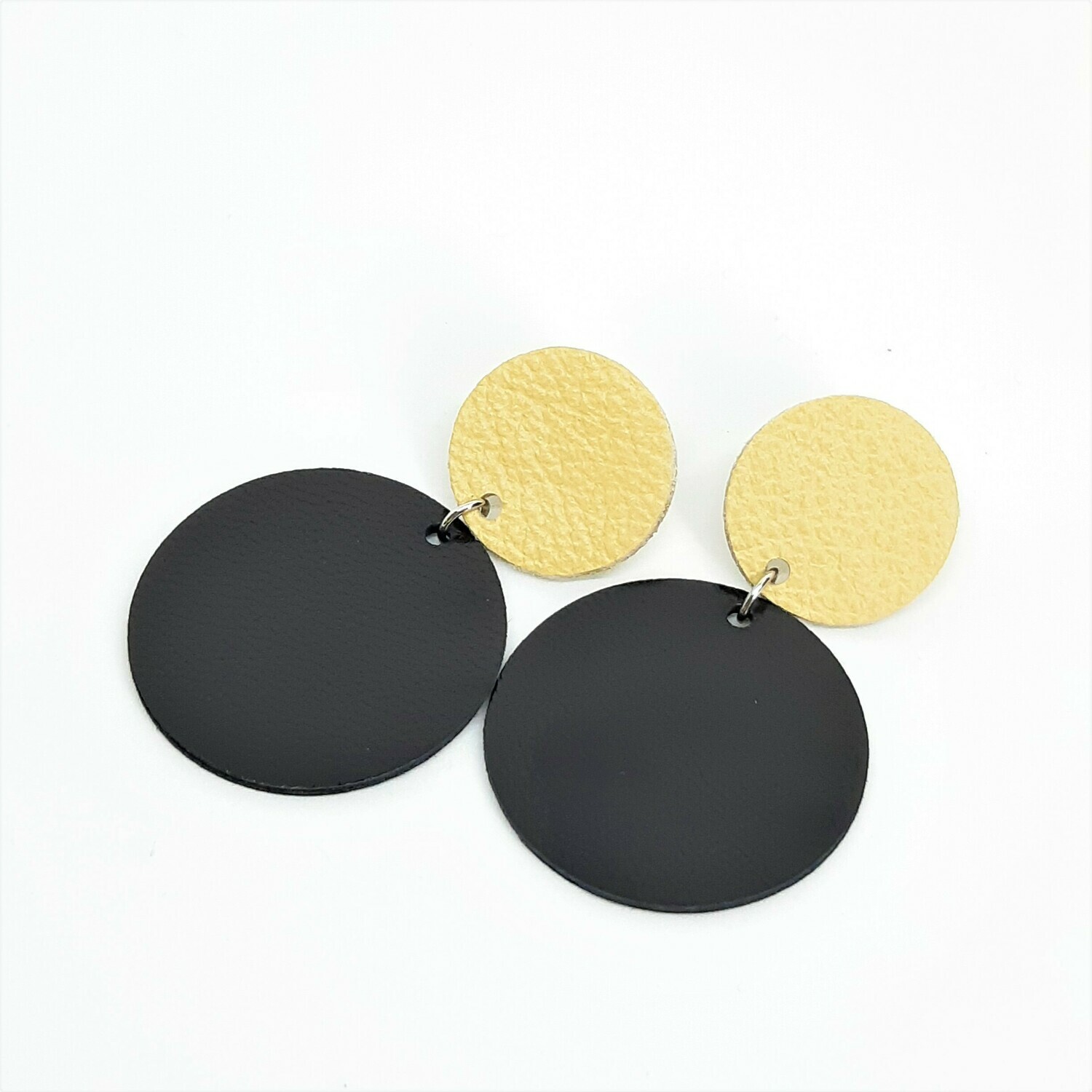 Statement oorbellen duo color - beige & zwart leder - L: 6cm