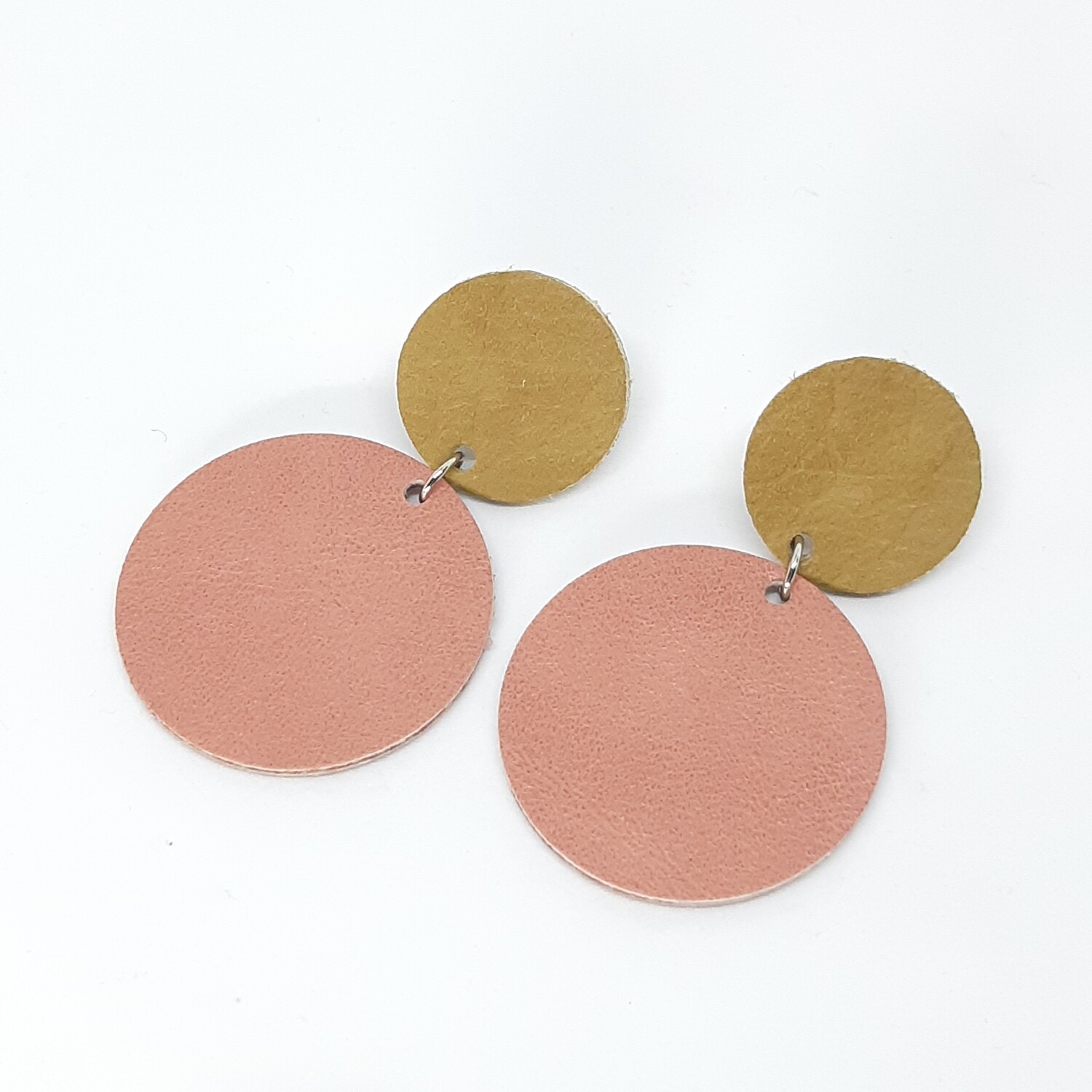 Statement oorbellen duo color - oker & oud roze leder - L: 6cm