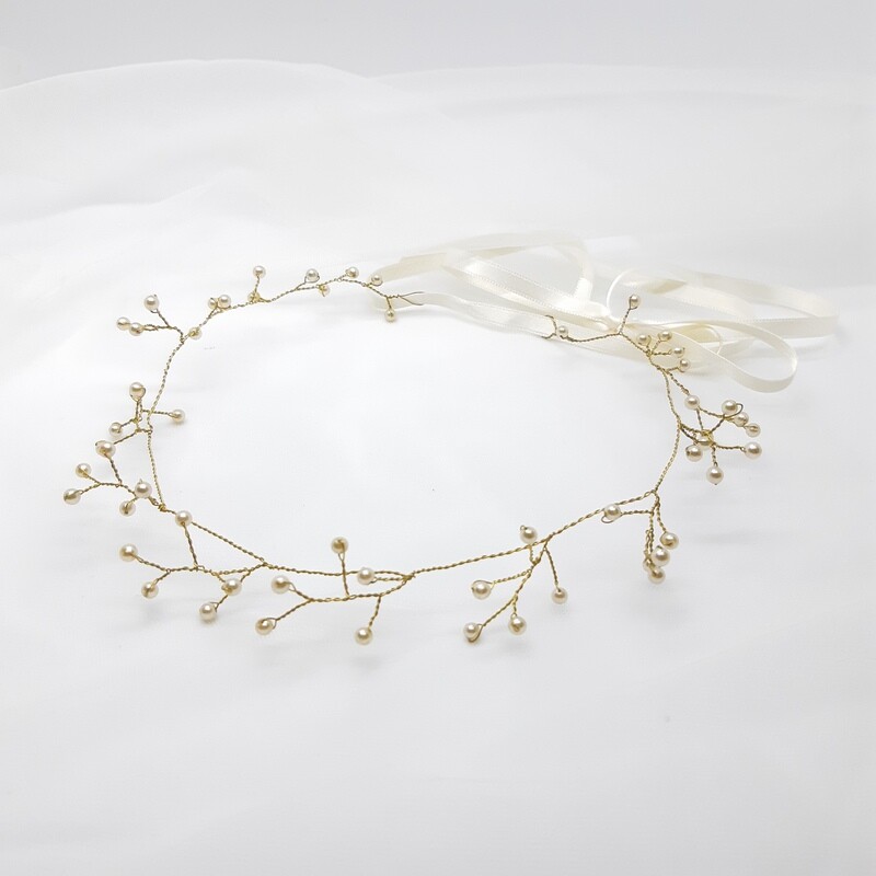 Bruidsaccessoires - Boho-kroon met fijne parels en goud draad