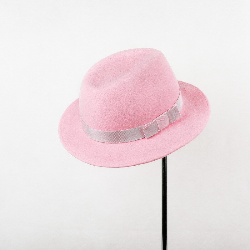 Fedora hoed, roze wolvilt &amp; small lint en strik