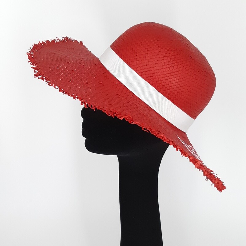 Zomerhoed met quote en gerafelde rand - rood